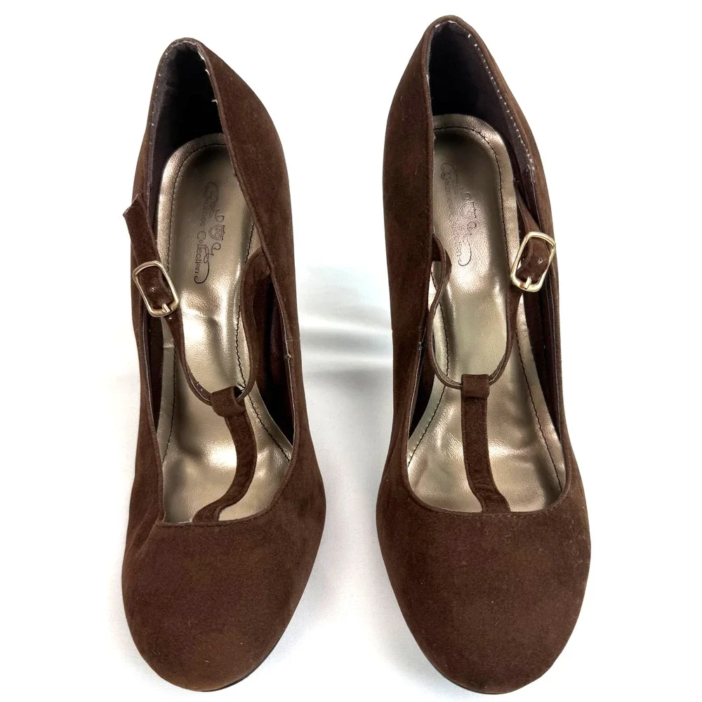 Journee Collection Heels Pumps Stiletto Suede Brown T-strap Buckle Size 8.5